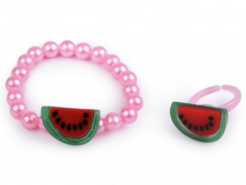  Dětský náramek a prstýnek sada 4 růžová sv. meloun